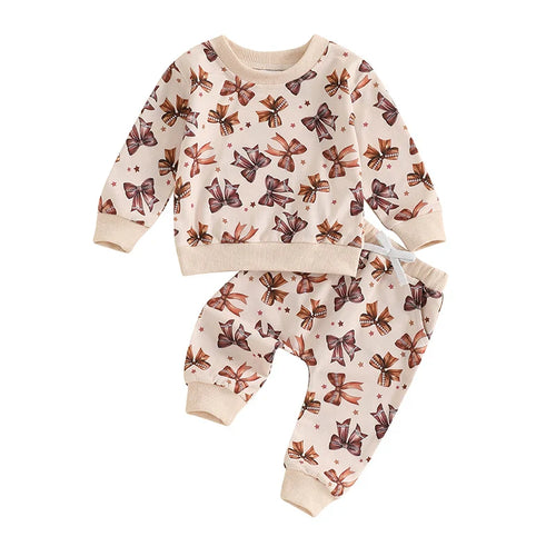 Baby toddler girls' 2-piece fall jogger set with bow print top and drawstring pants, stylish and cozy outfit.