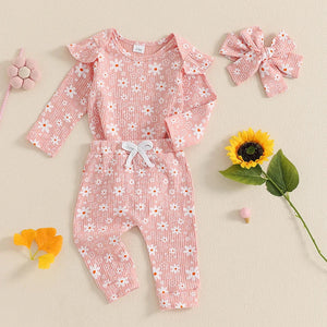 Baby girl floral print romper and pants set with headband, perfect for spring and fall outfits. Angle 12 view.