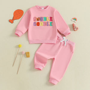 Baby Toddler Girls 2Pcs Thanksgiving Outfit Long Sleeve Turkey Gobble Embroidery Top + Pants Jogger Set Clothes