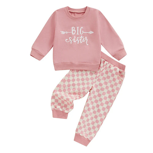 Toddler 2Pcs Big Brother/Sister Letter Print Top & Checkered Pants Set Outfit for Kids.