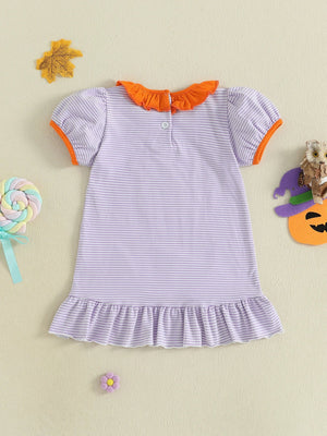 Baby Toddler Kids Girl Halloween Striped Dress Pumpkin Black Cat Embroidered Short Sleeve Ruffled Dress Cute Fall Clothes