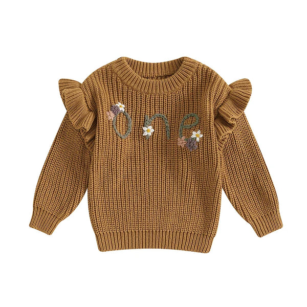 Baby girl birthday sweater with floral embroidery, long sleeve knitted pullover for infants, angle view.