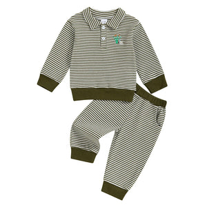 Baby Toddler Boys 2Pcs Long Sleeve Embroidery Duck Top with Striped Pants Infant Clothes Set