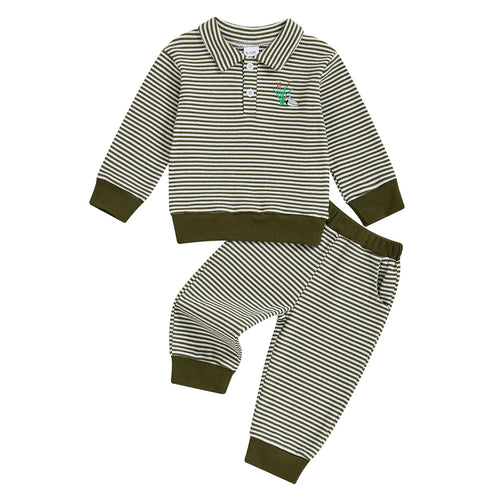 Baby toddler boys' 2-piece embroidered duck top and striped pants outfit, perfect for infants.