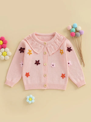Baby Toddler Girls Cardigan Sweater 3D Flower Design Button Down Long Sleeve Knitted Top