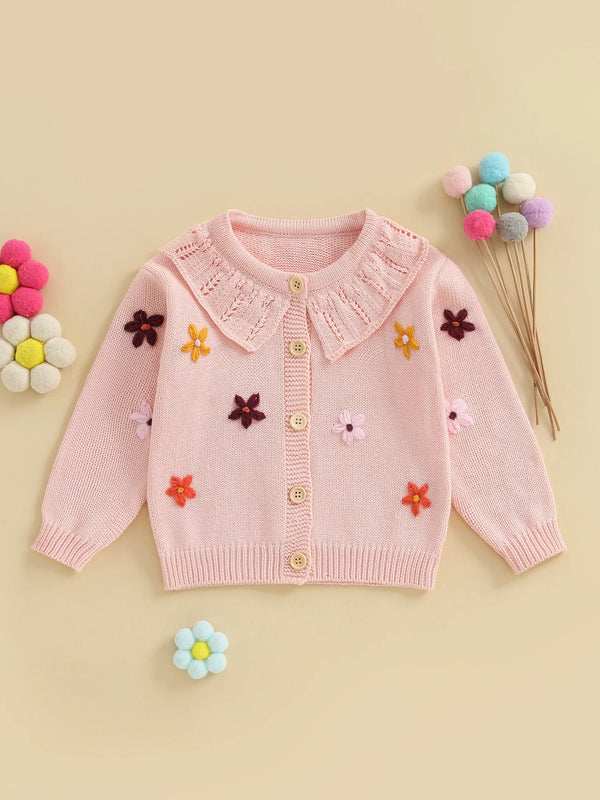 Baby Toddler Girls Cardigan Sweater 3D Flower Design Button Down Long Sleeve Knitted Top