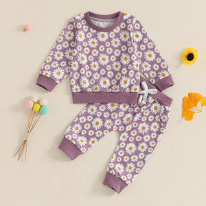 Baby Toddler Girls 2Pcs Fall Outfit Daisy Flower Print Long Sleeve Crewneck Top and Elastic Pants Jogger Set