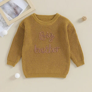 Toddler boys' cotton sweater with "Big Brother" embroidery, long sleeve, loose knitwear, stylish and comfy outfit.