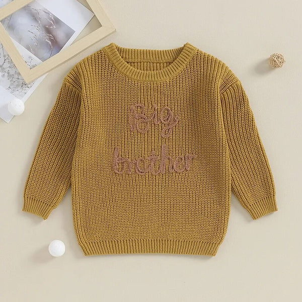 Toddler boys' cotton sweater with "Big Brother" embroidery, long sleeve, loose knitwear, stylish and comfy outfit.