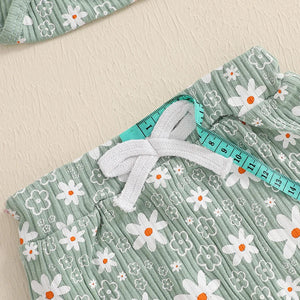 Baby girl floral print romper, long pants, and headband set for spring and fall outfits. Angle 9 view.