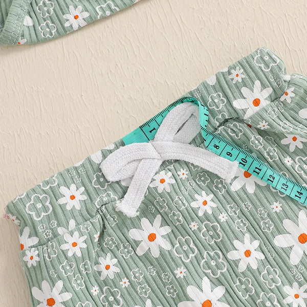 Baby girl floral print romper, long pants, and headband set for spring and fall outfits. Angle 9 view.