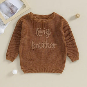 Toddler boys' cotton sweater with letter embroidery, long sleeve pullover, loose knitwear, perfect for big brothers.