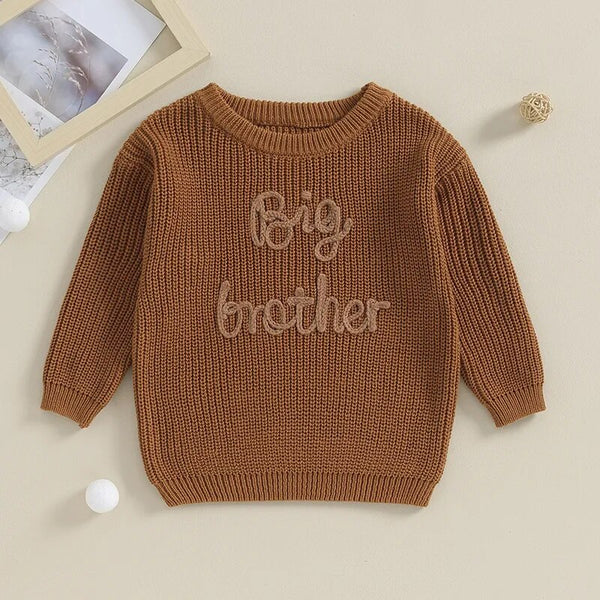 Toddler boys' cotton sweater with letter embroidery, long sleeve pullover, loose knitwear, perfect for big brothers.