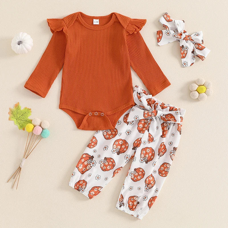 Baby girls' 3-piece Halloween outfit with ribbed romper, pumpkin print pants, and matching headband. Perfect for festive fun!
