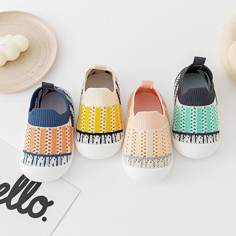 Baby First Walkers in green stripes, perfect shoes for infants learning to walk.