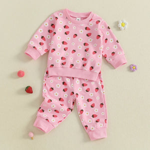 Baby Toddler Girl 2Pcs Fall Outfit Strawberry Flower Print Crew Neck Long Sleeve Top with Jogger Pants Set