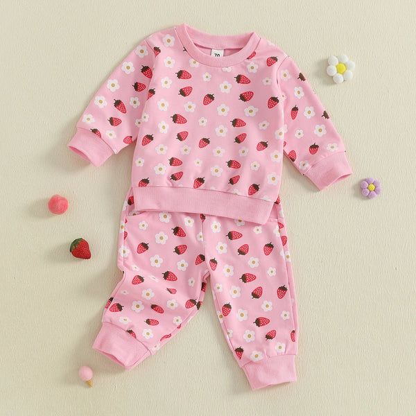 Baby Toddler Girl 2Pcs Fall Outfit Strawberry Flower Print Crew Neck Long Sleeve Top with Jogger Pants Set