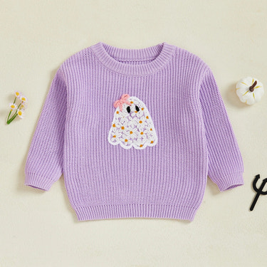 Baby Toddler Kids Girl Halloween Sweater Long Sleeve Round Neck Ghost Flower Embroidery Knit Pullover Top
