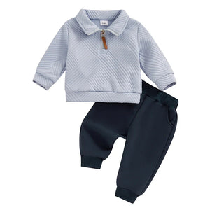 Baby Toddler Boys 2Pcs Autumn Outfit Set Long Sleeve Lapel Half Zip Up Pullover Solid Color Pants Set