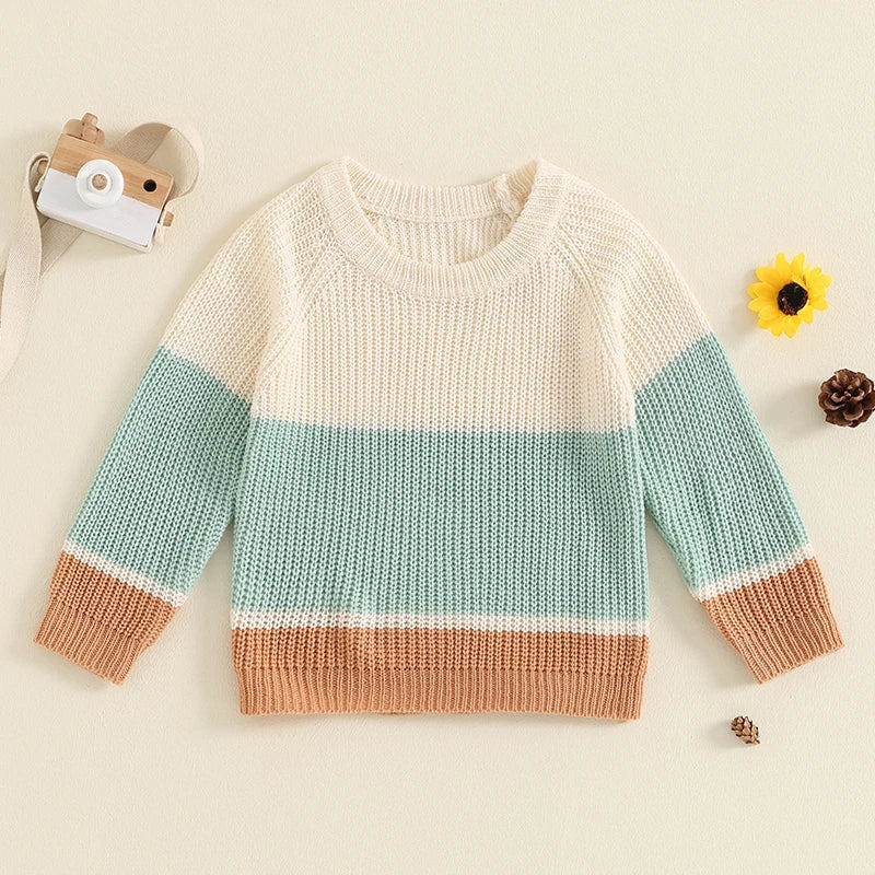 Cozy knitted sweater for toddlers with contrast color stripes, perfect for casual wear.