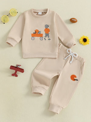 Baby Toddler Boys 2Pcs Autumn Long Sleeve Football Embroidery Top Drawstring Jogger Pants Set