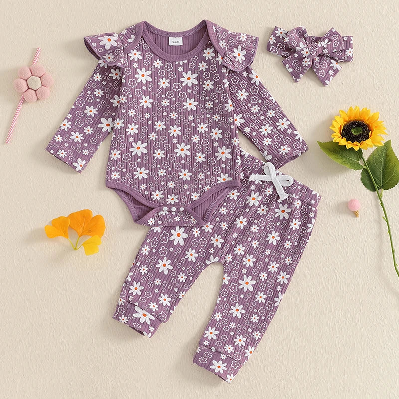 Baby girl floral print romper, long pants, and headband set for spring and fall outfits. Perfect for stylish toddlers.