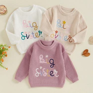 Big sister fall winter sweater for girls with flower embroidery, casual crew neck, long sleeve pullover top.