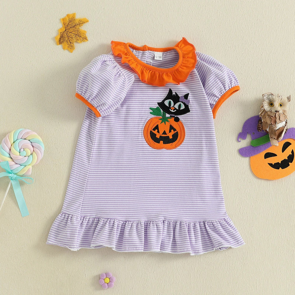 Cute Halloween striped dress for toddlers with pumpkin and black cat embroidery, perfect fall outfit for girls.