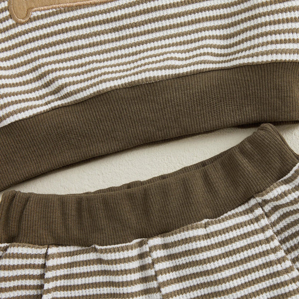 Baby Toddler Boys 2Pcs Fall Outfit Rugby Embroidery Striped Long Sleeve Top and Elastic Pants Clothes Set