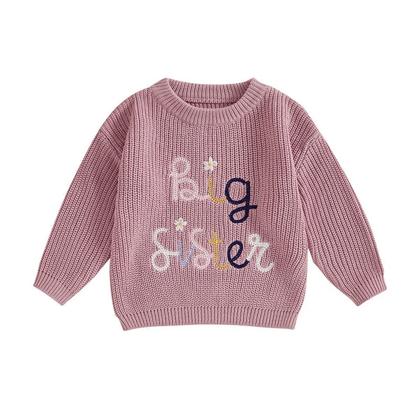 Baby Toddler Kids Girls Big Sister Fall Winter Sweater Casual Letter Flower Embroidery Crew Neck Long Sleeve Pullover Top