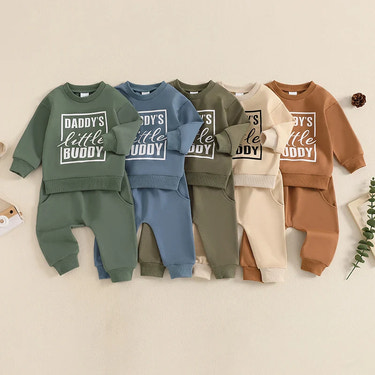 Baby toddler boys' 2pcs jogger set with long sleeve top and elastic waist pants, featuring "Daddy's Little Buddy" print.