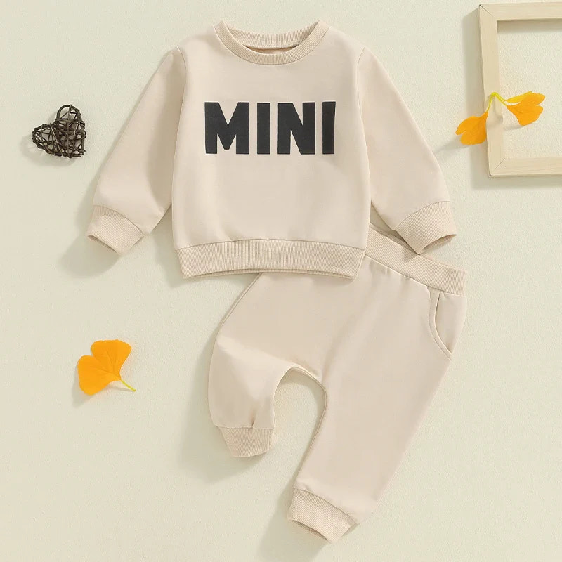 Baby Toddler Boys Girls MINI Set Letter Print Long Sleeve Round Neck Top Pockets Long Pants Outfit