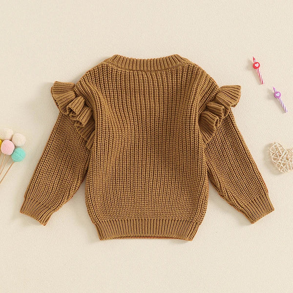 Baby girl birthday sweater with floral embroidery, long sleeve knitted pullover for infants, warm casual outfit.