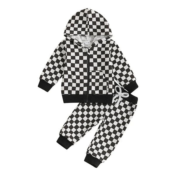 Baby Toddler Boy 2Pcs Checkered Outfit Long Sleeve Zip Up Hoodie Elastic Waist Pants with Pockets Jogger Set