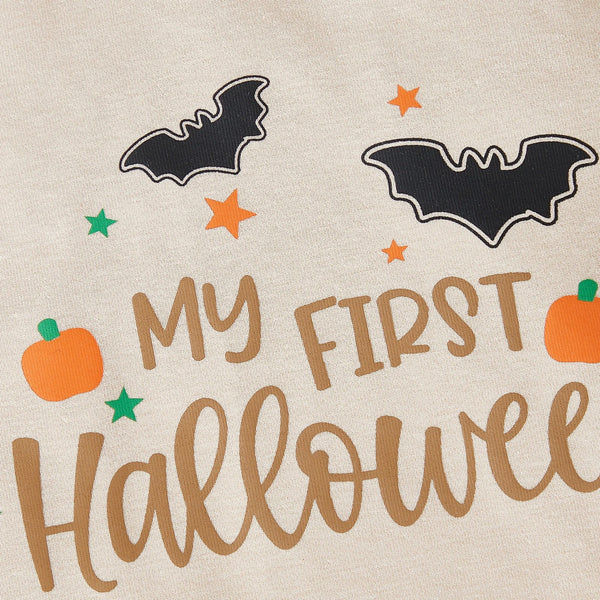 Baby Toddler Boys 2Pcs My First Halloween Outfit Letter Print Long Sleeve Top with Bat Embroidered Jogger Pants Set
