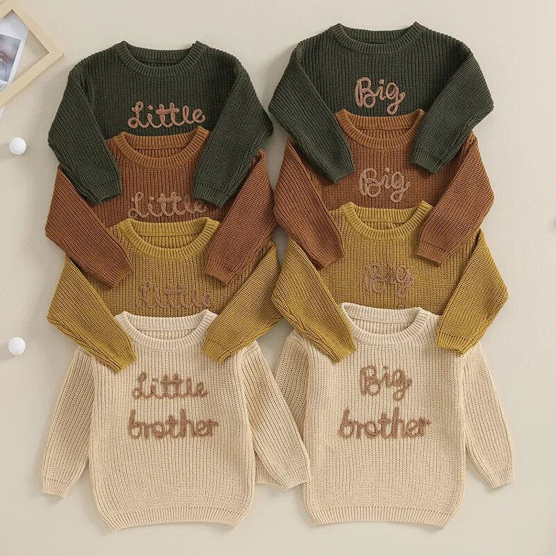 Baby boys' crew neck sweater with "Little Brother" embroidery, long sleeve pullover top for stylish toddler outfits.