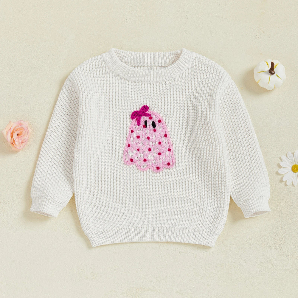 Baby Toddler Kids Girl Halloween Sweater Long Sleeve Round Neck Ghost Flower Embroidery Knit Pullover Top