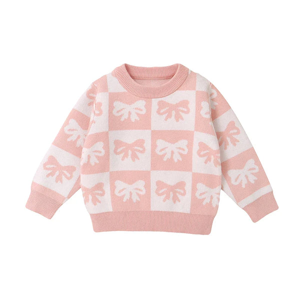 Baby Toddler Girls Sweater Bow Print Contrast Color Checkered Crew Neck Long Sleeve Baby Pullover Fall Top