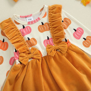 Baby girls' Halloween romper dress set with pumpkin print and headband, perfect for festive celebrations.