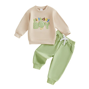 Baby Toddler Boy 2Pcs Birthday Boy Outfit Letter Ballon Embroidery Long Sleeve Pullover Crewneck Top Elastic Waist Solid Pants Jogger Set