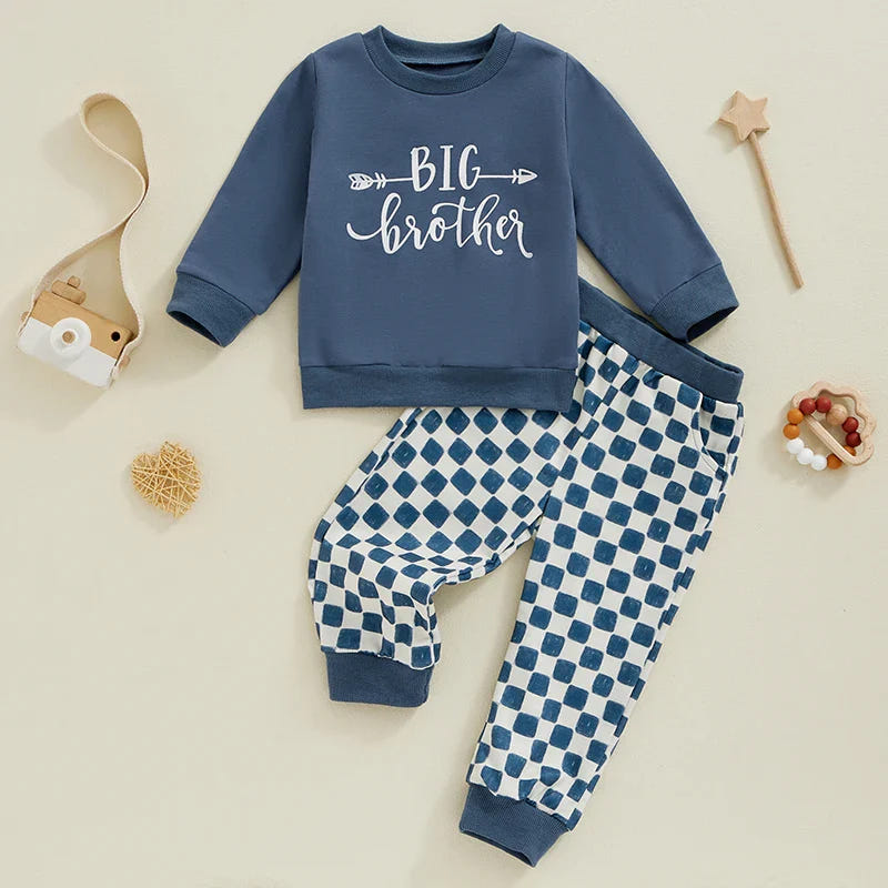 Toddler 2Pcs Big Brother/Sister Letter Print Top & Checkered Pants Set Outfit for Kids