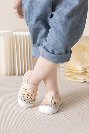 Pink striped baby first walkers, perfect for little feet taking their first steps. Angle 5 view.
