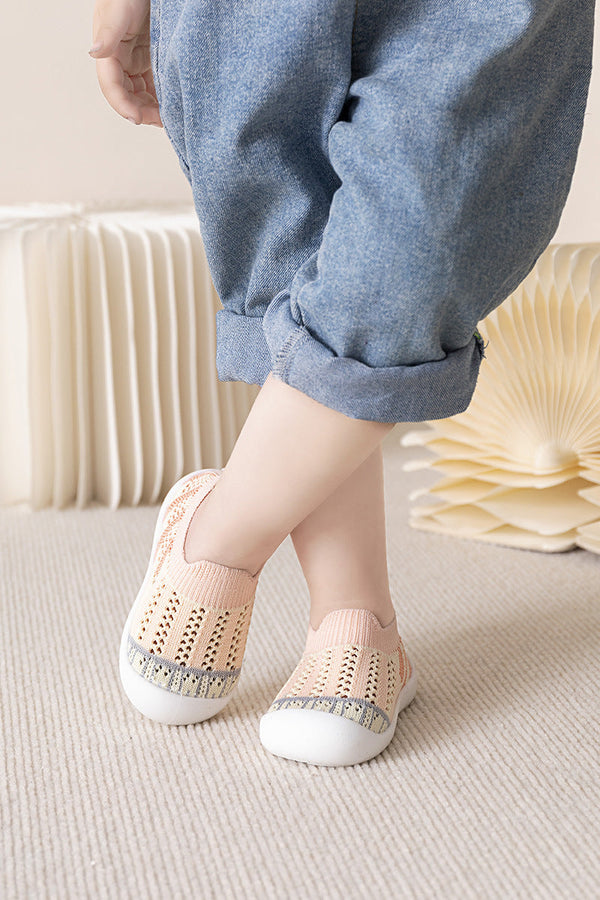 Pink striped baby first walkers, perfect for little feet taking their first steps. Angle 5 view.