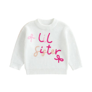 Baby Toddler Girls Lil/Big Sister Sweater Letter Bow Embroidery Crew Neck Long Sleeve Pullover Knit Top
