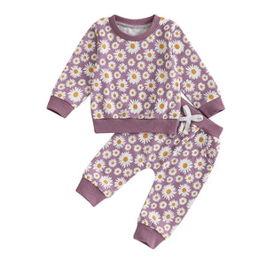 Baby Toddler Girls 2Pcs Fall Outfit Daisy Flower Print Long Sleeve Crewneck Top and Elastic Pants Jogger Set