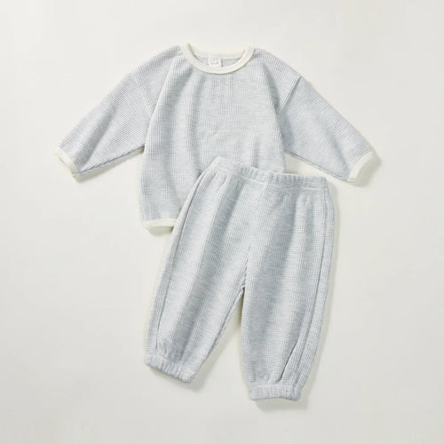 Baby boys girls 2pcs waffle cotton pullover crewneck top and jogger pants outfit, angle 19 view.