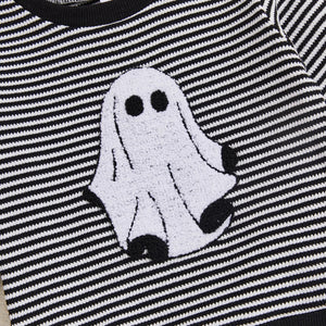Baby Toddler Boys 2Pcs Halloween Outfit Ghost Embroidery Striped Long Sleeve Top and Elastic Pants Clothes Set