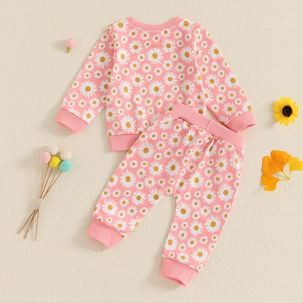 Baby Toddler Girls 2Pcs Fall Outfit Daisy Flower Print Long Sleeve Crewneck Top and Elastic Pants Jogger Set