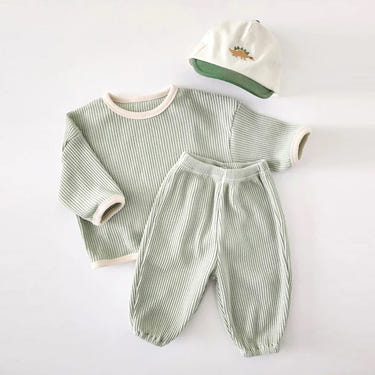 Baby boys girls 2pcs waffle cotton pullover crewneck top and jogger pants outfit set.