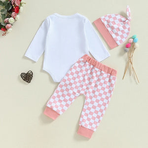 Baby Boys Girls 3Pcs Lil Bro / Sis Fall Outfit Letter Embroidery Long Sleeve Romper Checkered Print Pants Beanie Hat Set